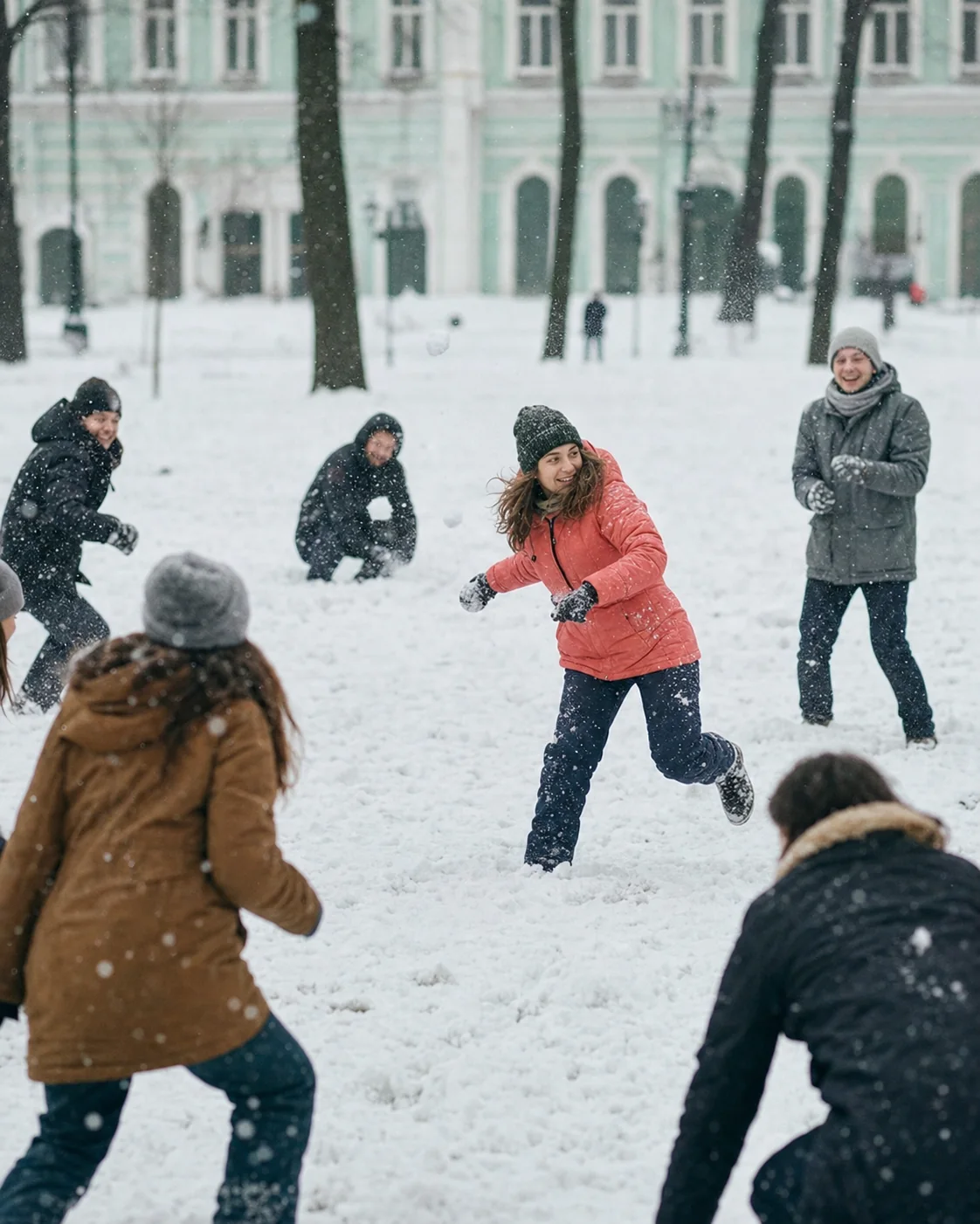 Лера играет с друзьями в снежки на площади